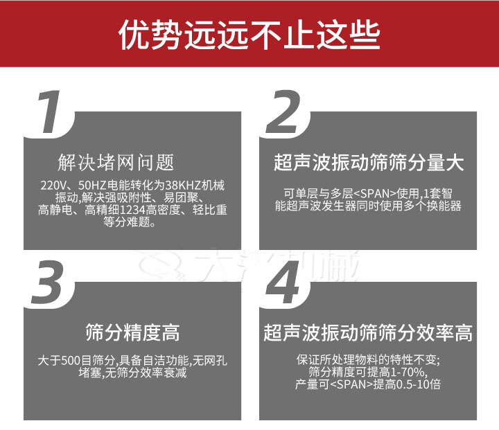 超聲波振動篩優(yōu)勢：1，高效解決堵網(wǎng)問題220V，50HZ電能轉(zhuǎn)化為38KHZ機(jī)械振動，解決強(qiáng)吸附性，易團(tuán)聚，高靜電，高精細(xì)1234高密度，輕比重等難題。2，超聲振動篩篩分量大：可單層與多層使用1套只能超聲波發(fā)生器同時(shí)使用多個(gè)換能器。3，適合大于500目篩分，具備自潔功能，無網(wǎng)孔堵塞，無篩分效率衰減。4，超聲波振動篩篩分效率高：保證所處理物料的特性不變，篩分精度可提高1-70%。