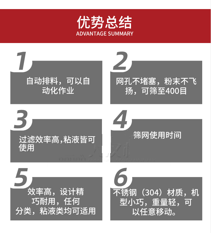 過濾篩優(yōu)勢總結(jié)：1，自動排料，可以自動化作用。2，網(wǎng)孔不堵塞，粉塵不飛揚，可篩至400目。3，過濾效率高，任何粒，粉，粘液也可使用。4，篩網(wǎng)設計大大提高了篩網(wǎng)使用時間，也魏換網(wǎng)提高了方便。5，效率高，設計精巧耐用，任何分類設計精巧耐用，任何分類，粘液類均可適用。6，不銹鋼材質(zhì)機型小巧，重量輕，可以任意移動。