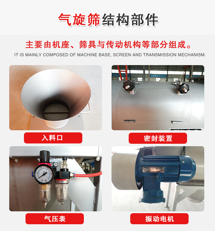 氣旋篩結構：入料口，密封裝置，電機，氣壓表等