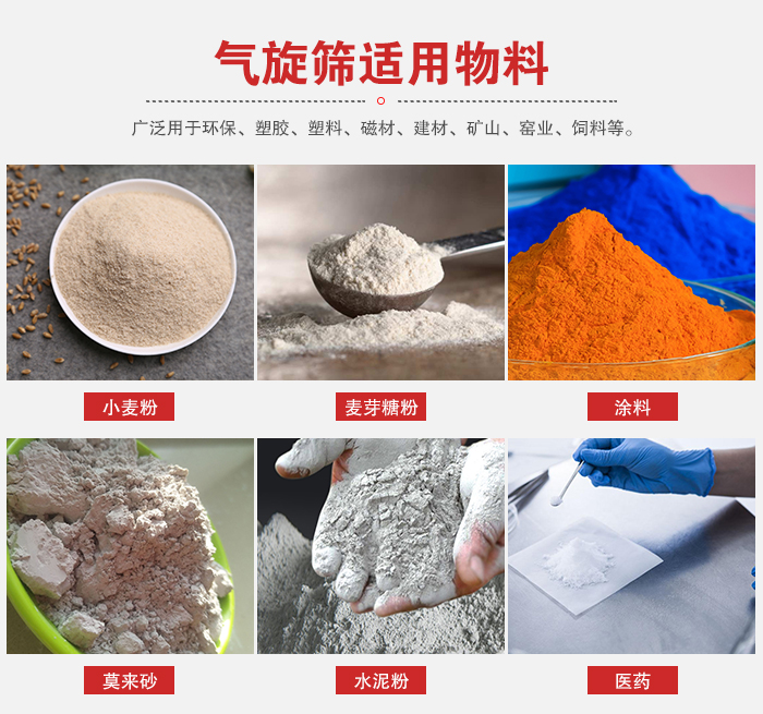 氣旋篩適用物料：小麥粉，麥芽糖粉，涂料，等粉狀物料。