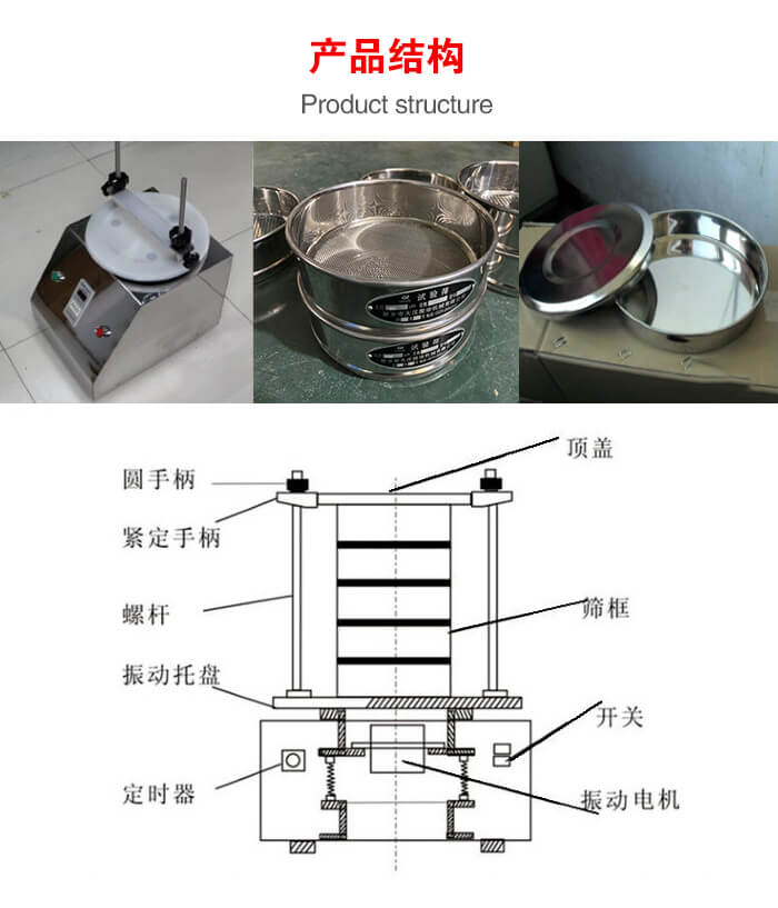 實(shí)驗(yàn)室振動(dòng)篩-試驗(yàn)篩結(jié)構(gòu)主要由：圓手柄，緊定手柄，螺桿，振動(dòng)托盤，篩框，頂蓋等。
